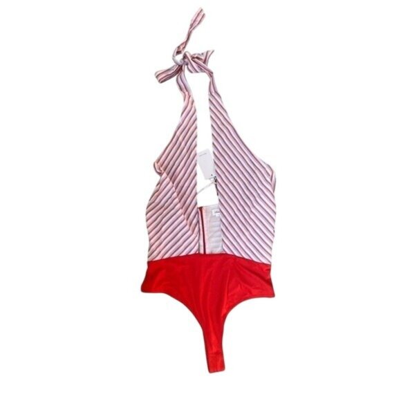 Lovers + Friends Striped Halter Plunge Bodysuit M Retro Colorblock NWT MSRP $148 - Picture 3 of 5